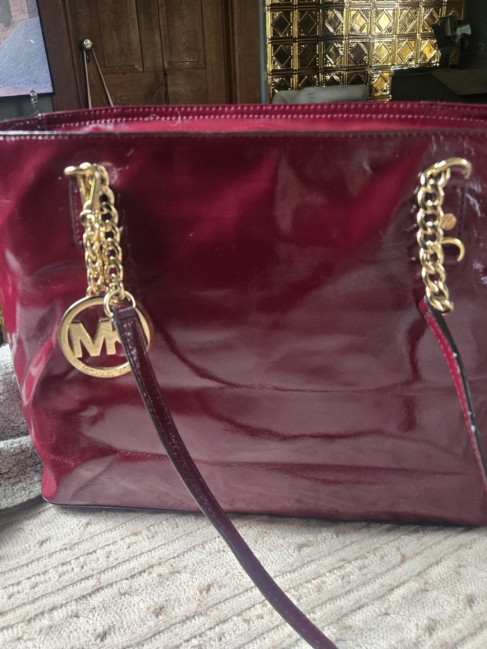 Michael Kors Burgundy Patent Leather Shoulder Bag with Gold Chain